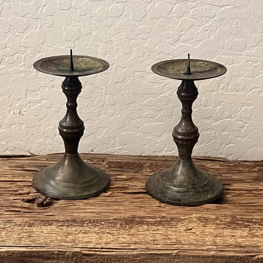 Vintage Brass Pillar Candle Holders Set of 2 Turned Stem Design